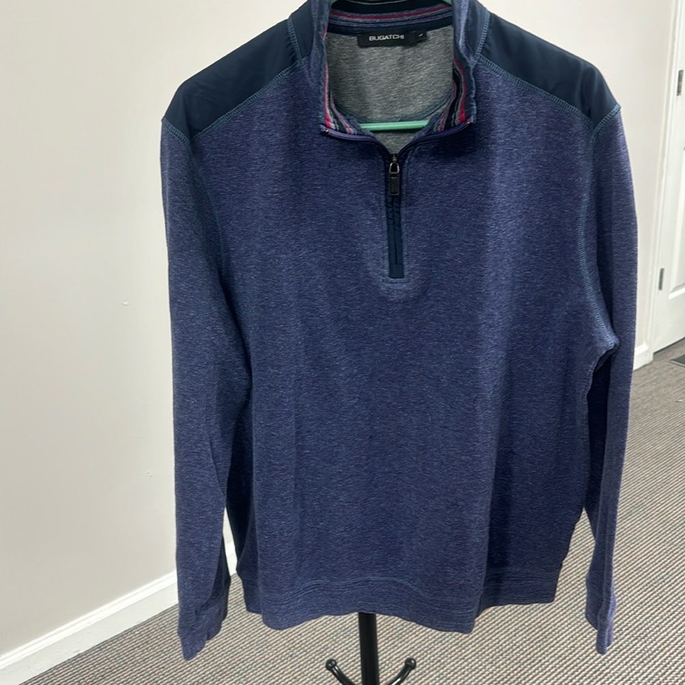 blue bugatchi sweater with gray stripes on the inside